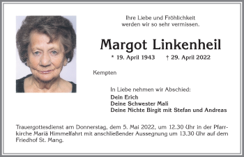 Traueranzeige von Margot Linkenheil von Allgäuer Zeitung,Kempten