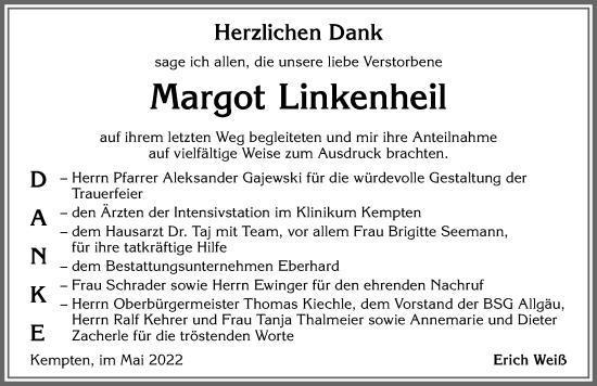 Traueranzeige von Margot Linkenheil von Allgäuer Zeitung,Kempten