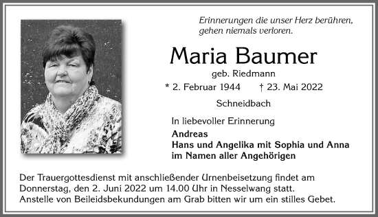 Traueranzeige von Maria Baumer von Allgäuer Zeitung, Füssen
