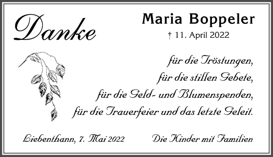 Traueranzeige von Maria Boppeler von Allgäuer Zeitung, Marktoberdorf