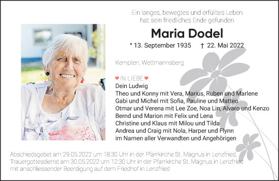 Traueranzeige von Maria Dodel von Allgäuer Zeitung,Kempten