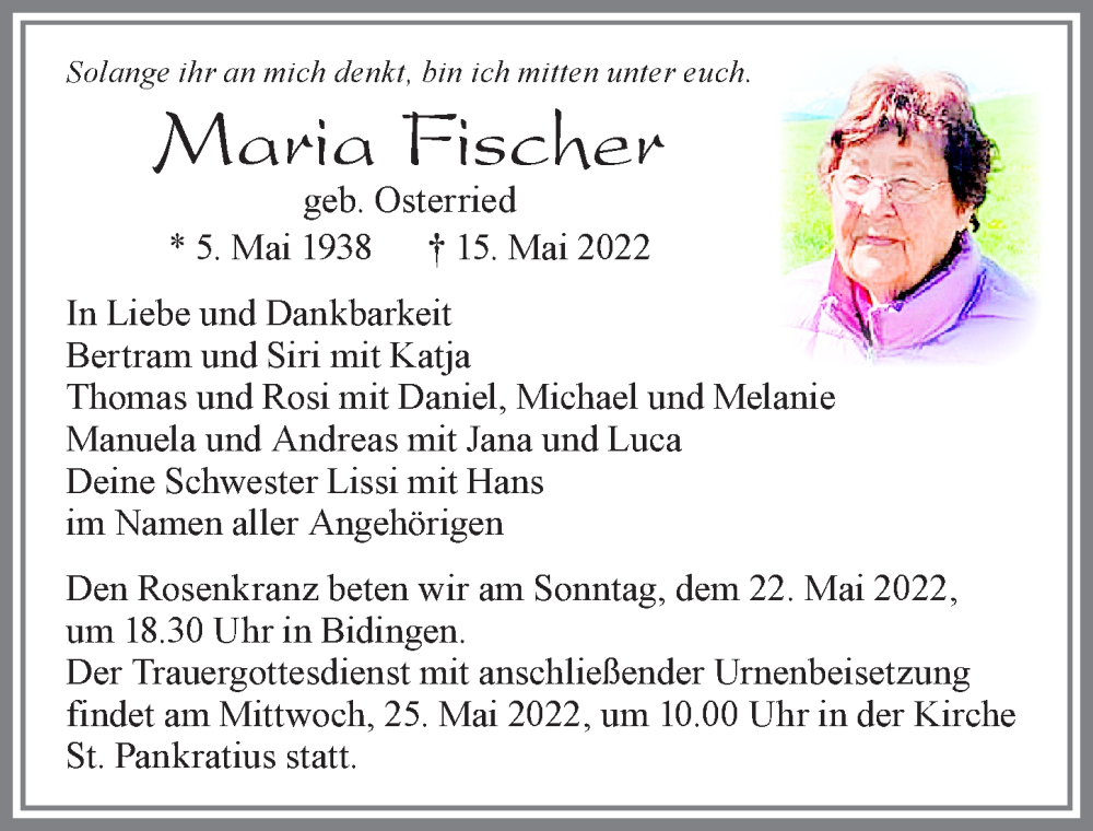 Traueranzeige für Maria Fischer vom 21.05.2022 aus Allgäuer Zeitung, Marktoberdorf