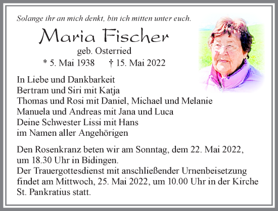 Traueranzeige von Maria Fischer von Allgäuer Zeitung, Marktoberdorf