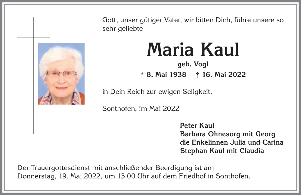  Traueranzeige für Maria Kaul vom 18.05.2022 aus Allgäuer Anzeigeblatt