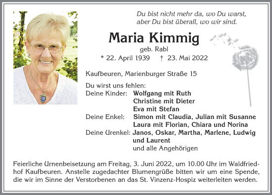 Traueranzeige von Maria Kimmig von Allgäuer Zeitung, Kaufbeuren/Buchloe