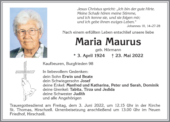 Traueranzeige von Maria Maurus von Allgäuer Zeitung, Kaufbeuren/Buchloe