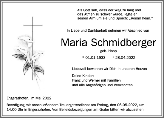 Traueranzeige von Maria Schmidberger von Memminger Zeitung