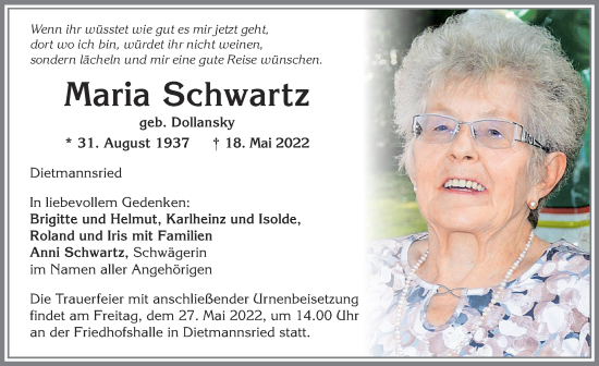 Traueranzeige von Maria Schwartz von Allgäuer Zeitung,Kempten