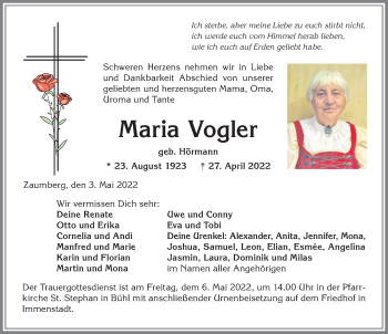 Traueranzeige von Maria Vogler von Allgäuer Anzeigeblatt