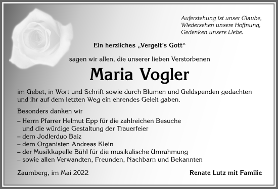 Traueranzeige von Maria Vogler von Allgäuer Anzeigeblatt