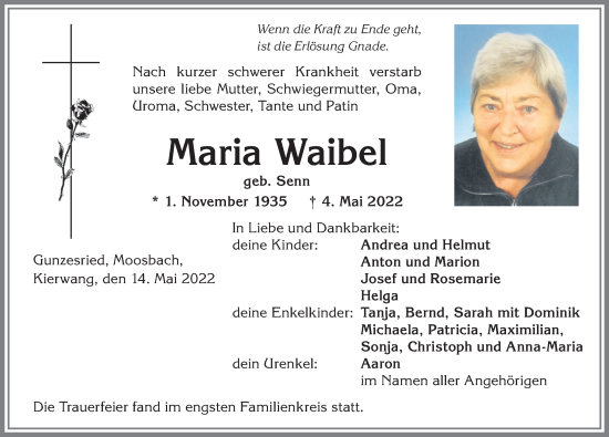 Traueranzeige von Maria Waibel von Allgäuer Anzeigeblatt