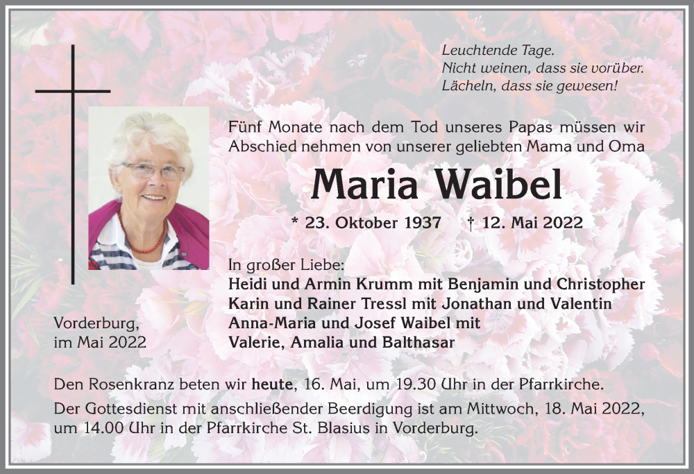  Traueranzeige für Maria Waibel vom 16.05.2022 aus Allgäuer Anzeigeblatt