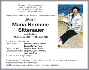 Traueranzeige von Maria Hermine Sittenauer von Memminger Zeitung