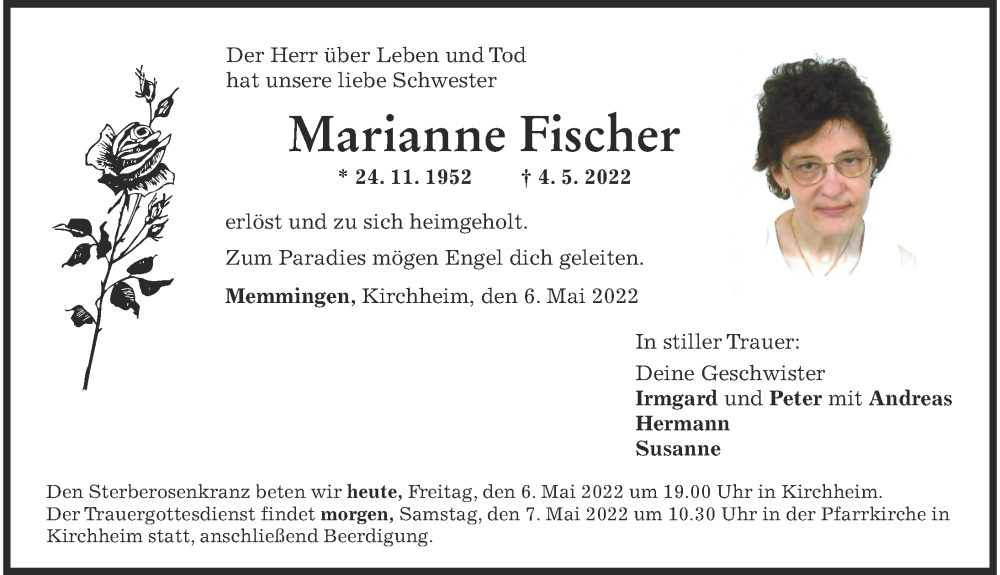  Traueranzeige für Marianne Fischer vom 06.05.2022 aus Memminger Zeitung
