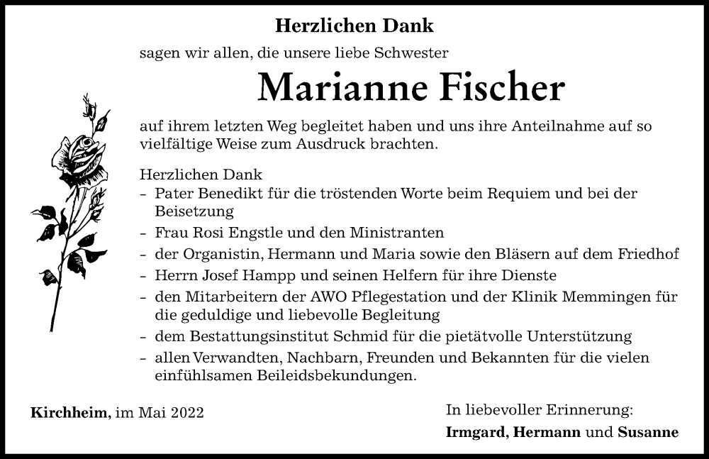  Traueranzeige für Marianne Fischer vom 14.05.2022 aus Memminger Zeitung