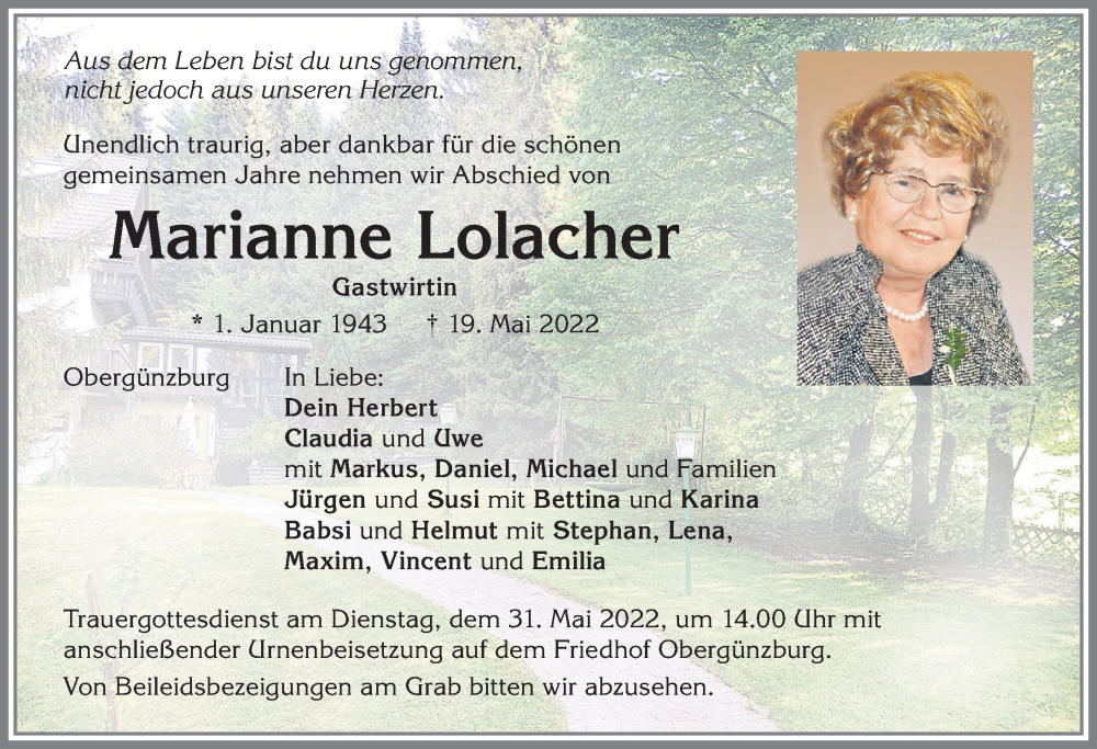  Traueranzeige für Marianne Lolacher vom 27.05.2022 aus Allgäuer Zeitung, Marktoberdorf