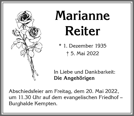 Traueranzeige von Marianne Reiter von Allgäuer Zeitung,Kempten