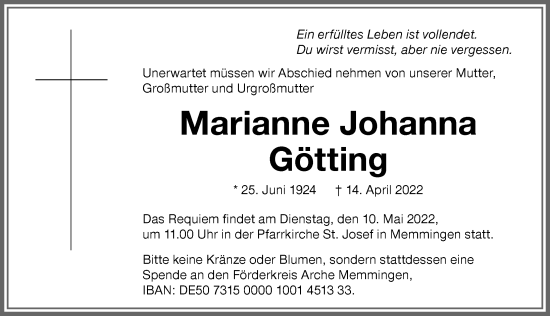 Traueranzeige von Marianne Johanna Götting von Memminger Zeitung