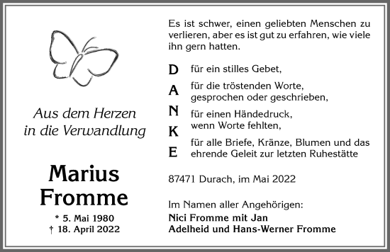 Traueranzeige von Marius Fromme von Allgäuer Zeitung,Kempten