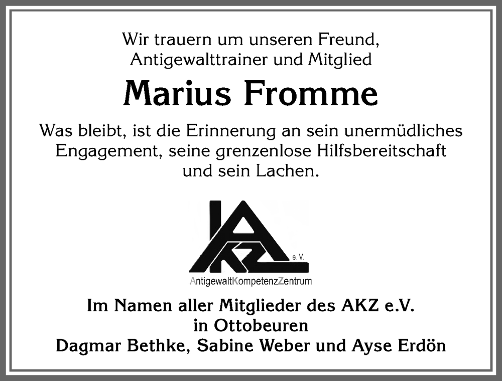  Traueranzeige für Marius Fromme vom 04.05.2022 aus Allgäuer Zeitung,Kempten