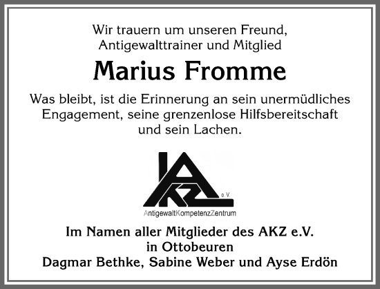 Traueranzeige von Marius Fromme von Allgäuer Zeitung,Kempten
