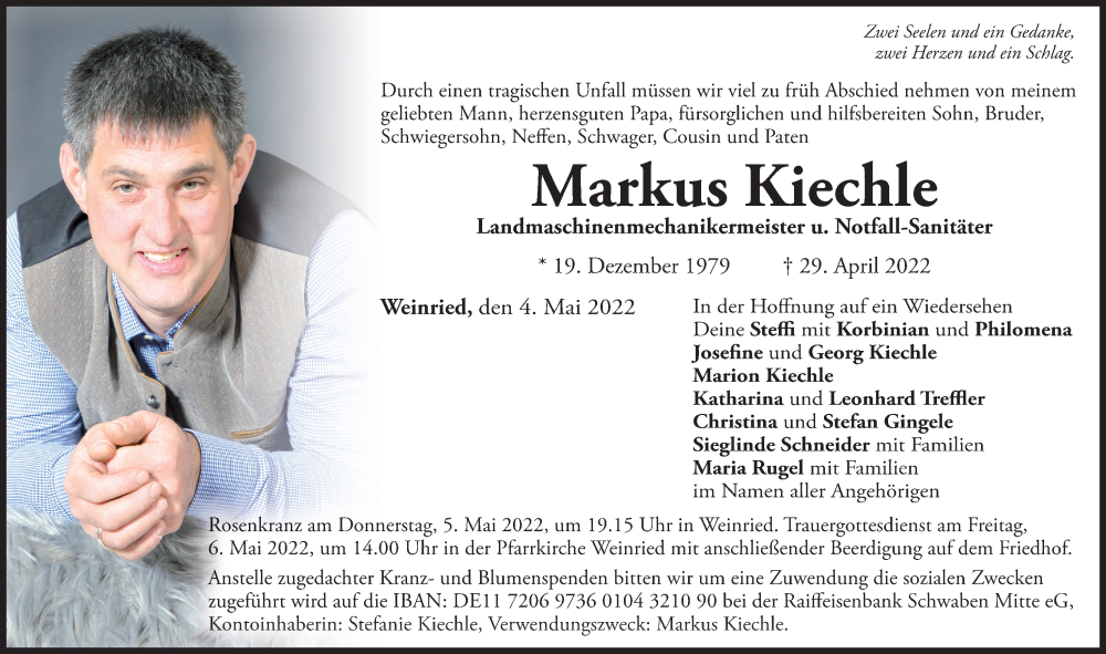  Traueranzeige für Markus Kiechle vom 04.05.2022 aus Memminger Zeitung