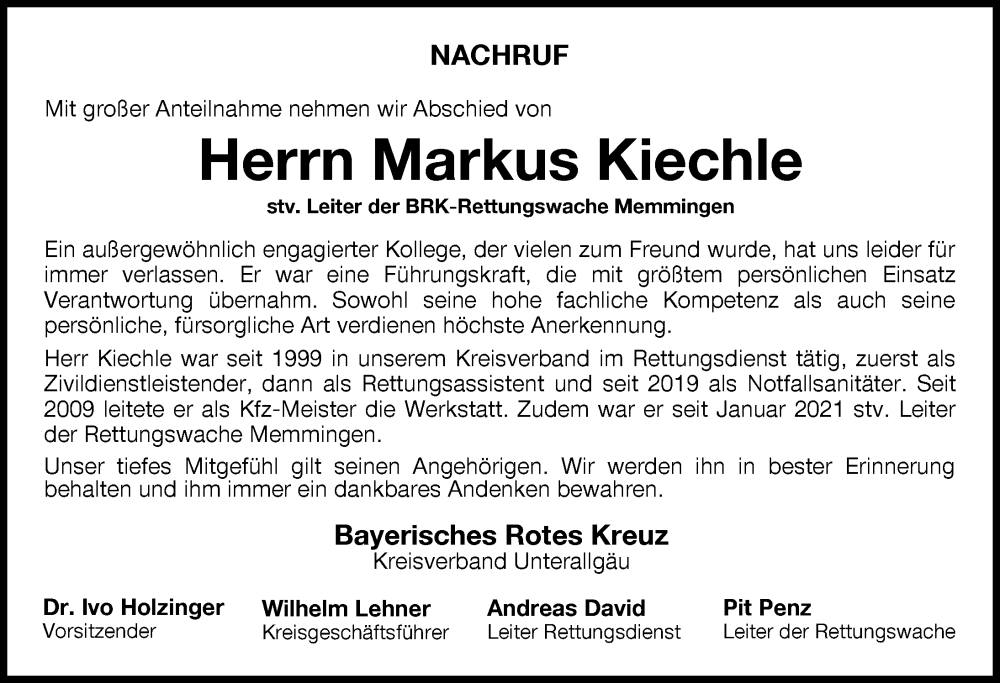  Traueranzeige für Markus Kiechle vom 05.05.2022 aus Memminger Zeitung