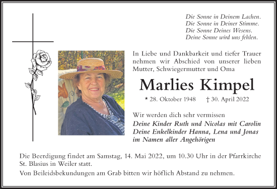 Traueranzeige von Marlies Kimpel von Der Westallgäuer