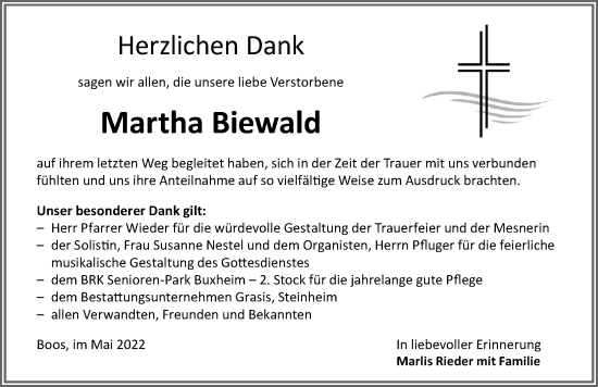 Traueranzeige von Martha Biewald von Memminger Zeitung