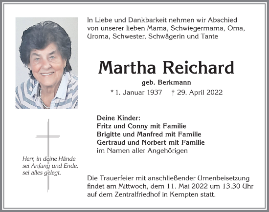 Traueranzeige von Martha Reichard von Allgäuer Zeitung,Kempten