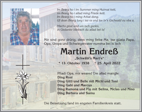 Traueranzeige von Martin Endreß von Allgäuer Anzeigeblatt
