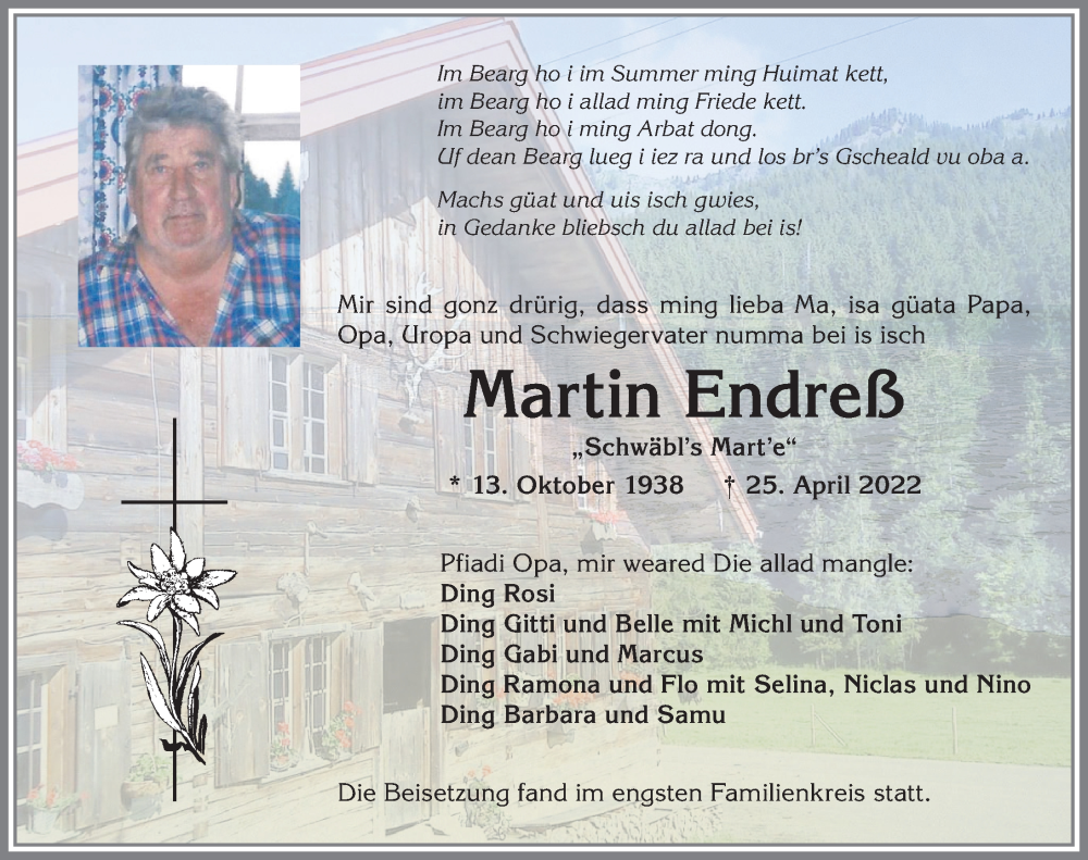  Traueranzeige für Martin Endreß vom 04.05.2022 aus Allgäuer Anzeigeblatt