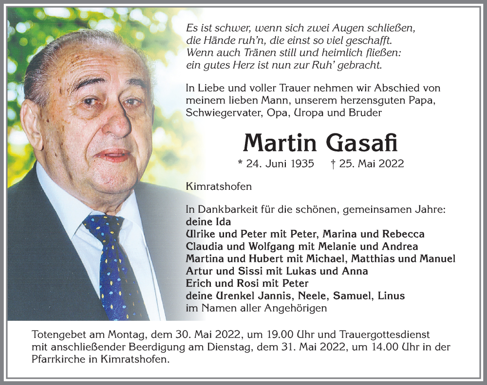  Traueranzeige für Martin Gasafi vom 28.05.2022 aus Allgäuer Zeitung,Kempten
