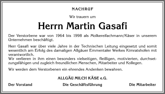 Traueranzeige von Martin Gasafi von Allgäuer Zeitung,Kempten