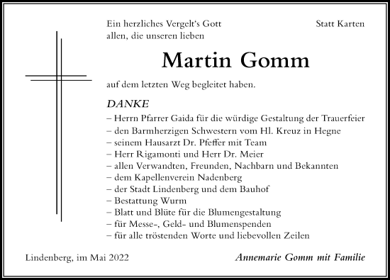 Traueranzeige von Martin Gomm von Der Westallgäuer