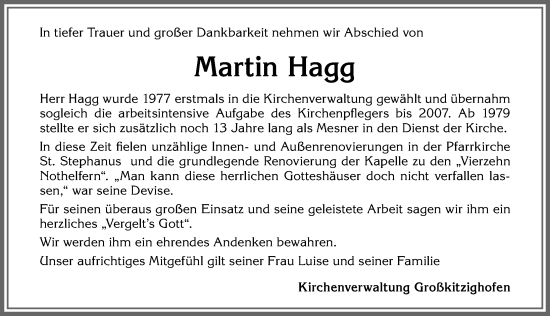 Traueranzeige von Martin Hagg von Allgäuer Zeitung, Kaufbeuren/Buchloe