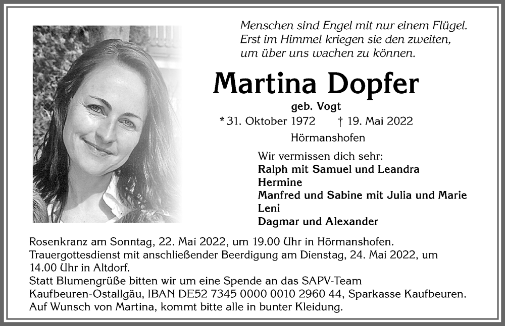  Traueranzeige für Martina Dopfer vom 21.05.2022 aus Allgäuer Zeitung, Marktoberdorf