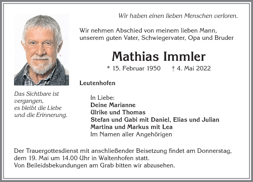  Traueranzeige für Mathias Immler vom 17.05.2022 aus Allgäuer Zeitung,Kempten