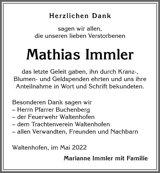 Traueranzeige von Mathias Immler von Allgäuer Zeitung,Kempten