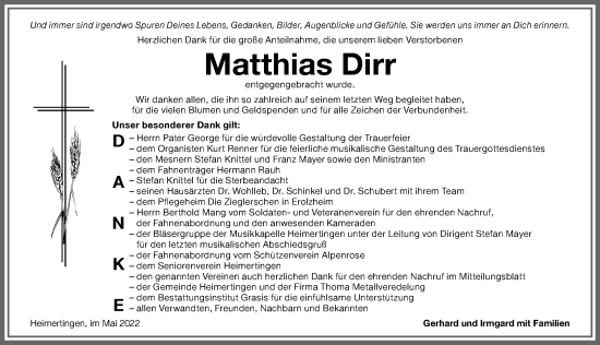 Traueranzeige von Matthias Dirr von Memminger Zeitung