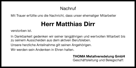 Traueranzeige von Matthias Dirr von Memminger Zeitung
