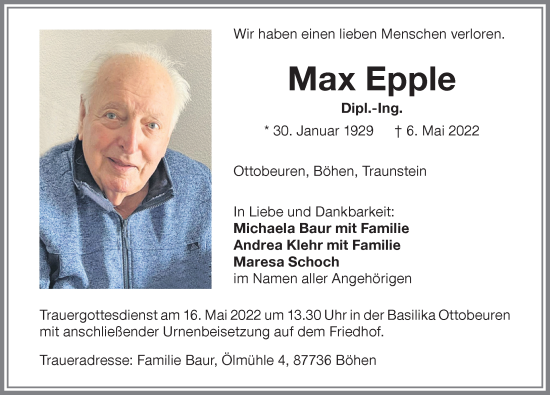 Traueranzeige von Max Epple von Memminger Zeitung