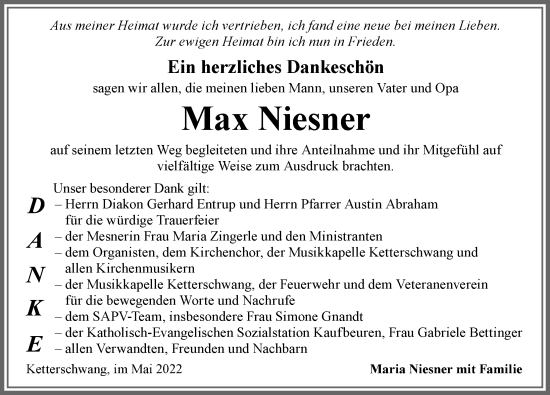 Traueranzeige von Max Niesner von Allgäuer Zeitung, Kaufbeuren/Buchloe