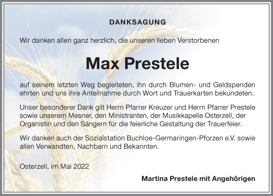 Traueranzeige von Max Prestele von Allgäuer Zeitung, Kaufbeuren/Buchloe