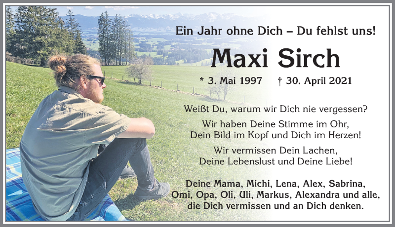 Traueranzeige für Maxi Sirch vom 30.04.2022 aus Allgäuer Zeitung, Kaufbeuren/Buchloe