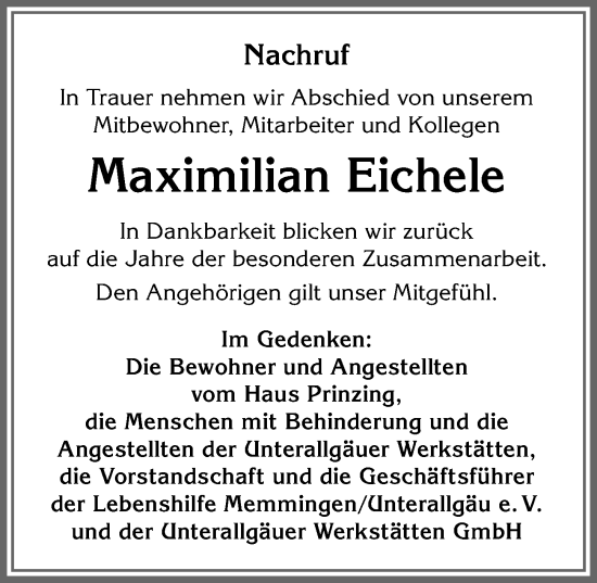 Traueranzeige von Maximilian Eichele von Memminger Zeitung