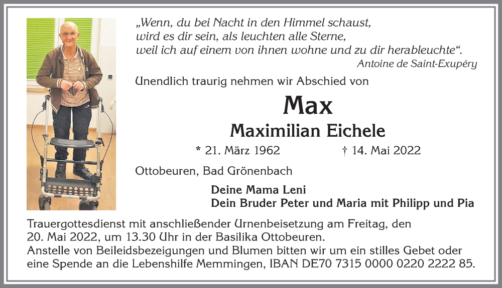  Traueranzeige für Maximilian Eichele vom 18.05.2022 aus Memminger Zeitung
