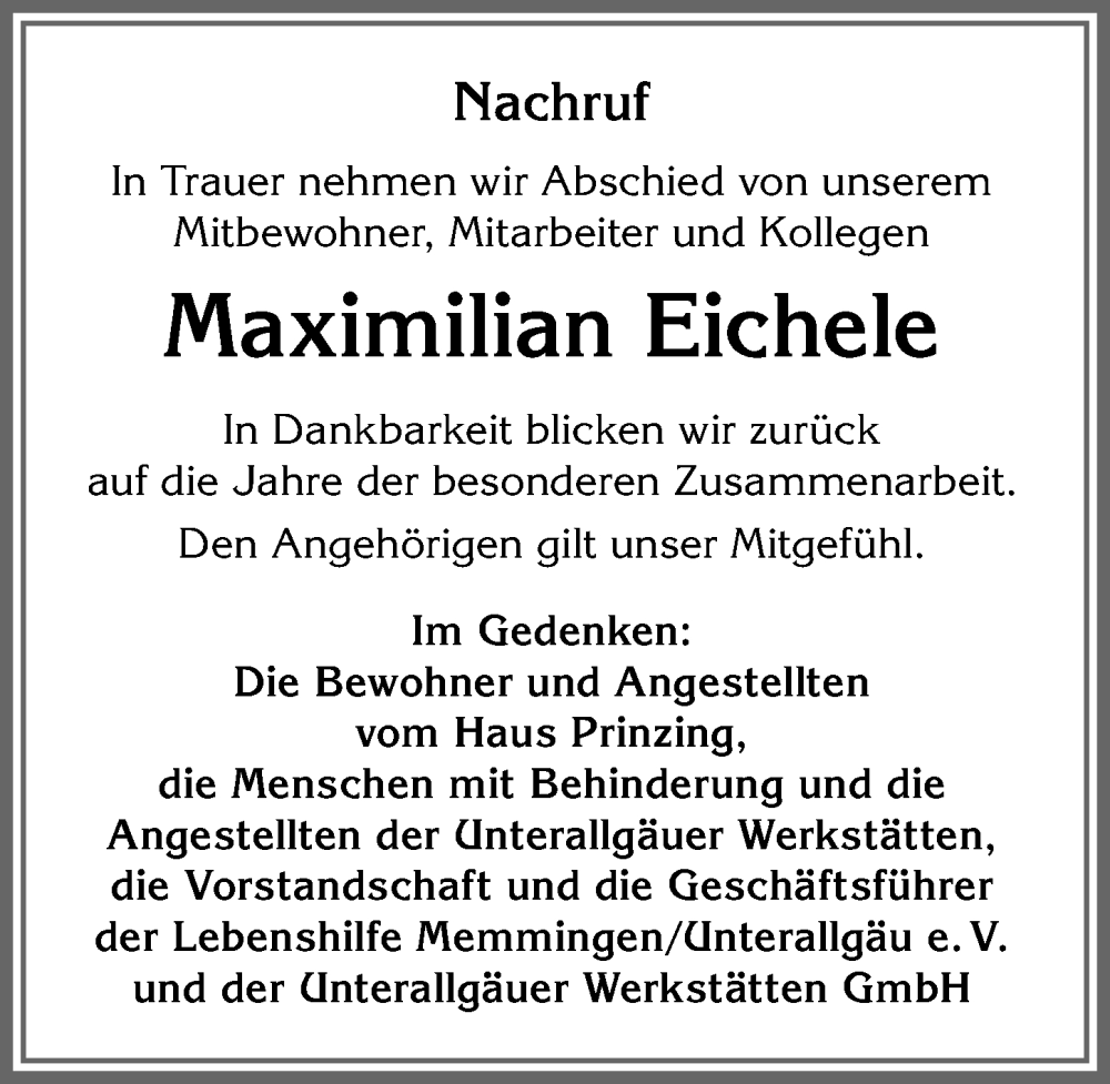  Traueranzeige für Maximilian Eichele vom 18.05.2022 aus Memminger Zeitung