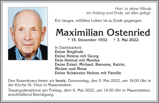 Traueranzeige von Maximilian Ostenried von Allgäuer Zeitung, Kaufbeuren/Buchloe