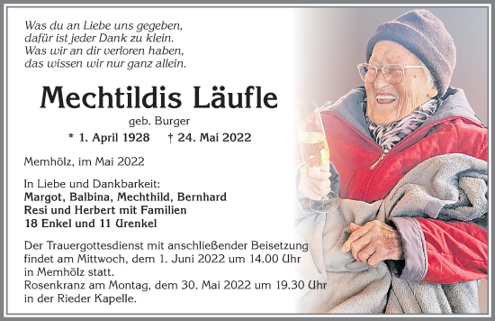 Traueranzeige von Mechtildis Läufle von Allgäuer Zeitung,Kempten